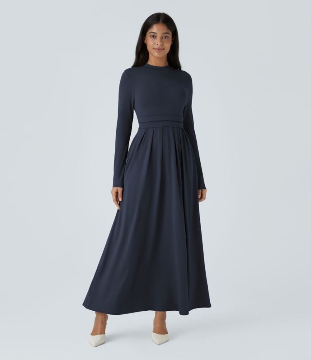 NWT Halara Mock-neck Long Sleeve Pocket Flare Maxi Casual Dress Large Navy